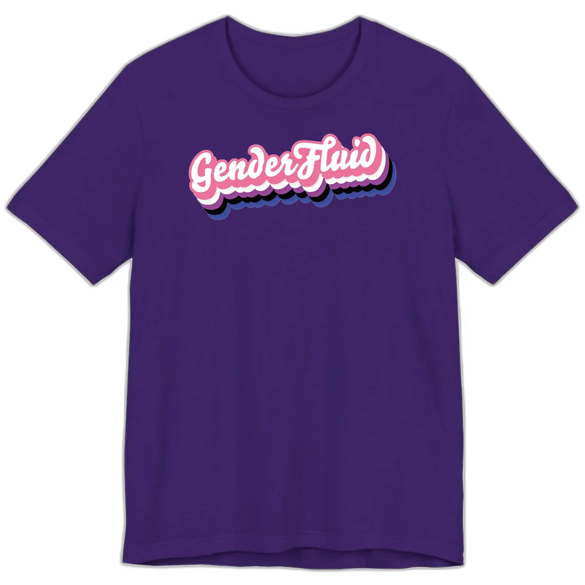 Colorful gender fluid pride design with white text and pink, purple, blue layered cloud effect in Team Purple