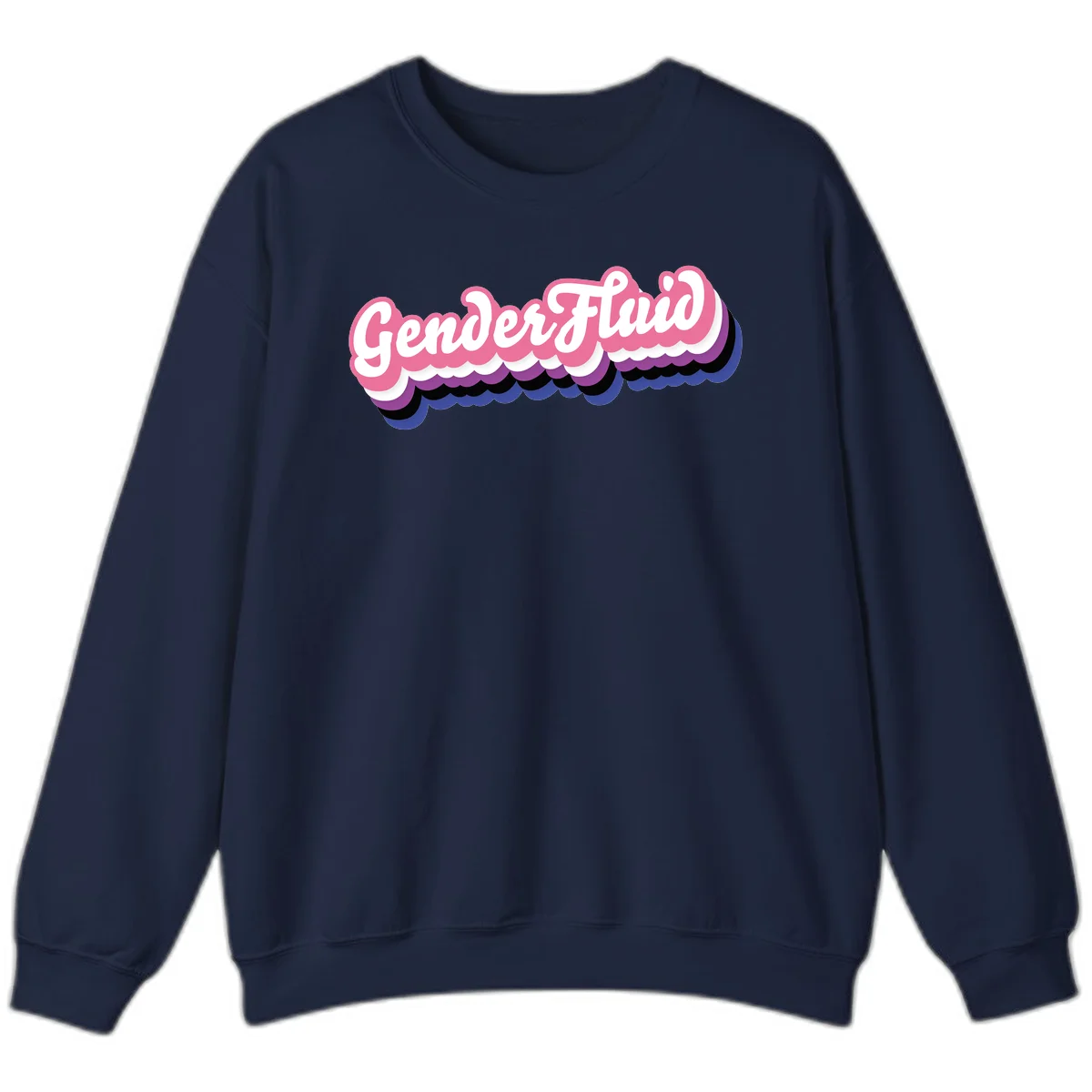 Colorful gender fluid pride design with white text and pink, purple, blue layered cloud effect in Navy
