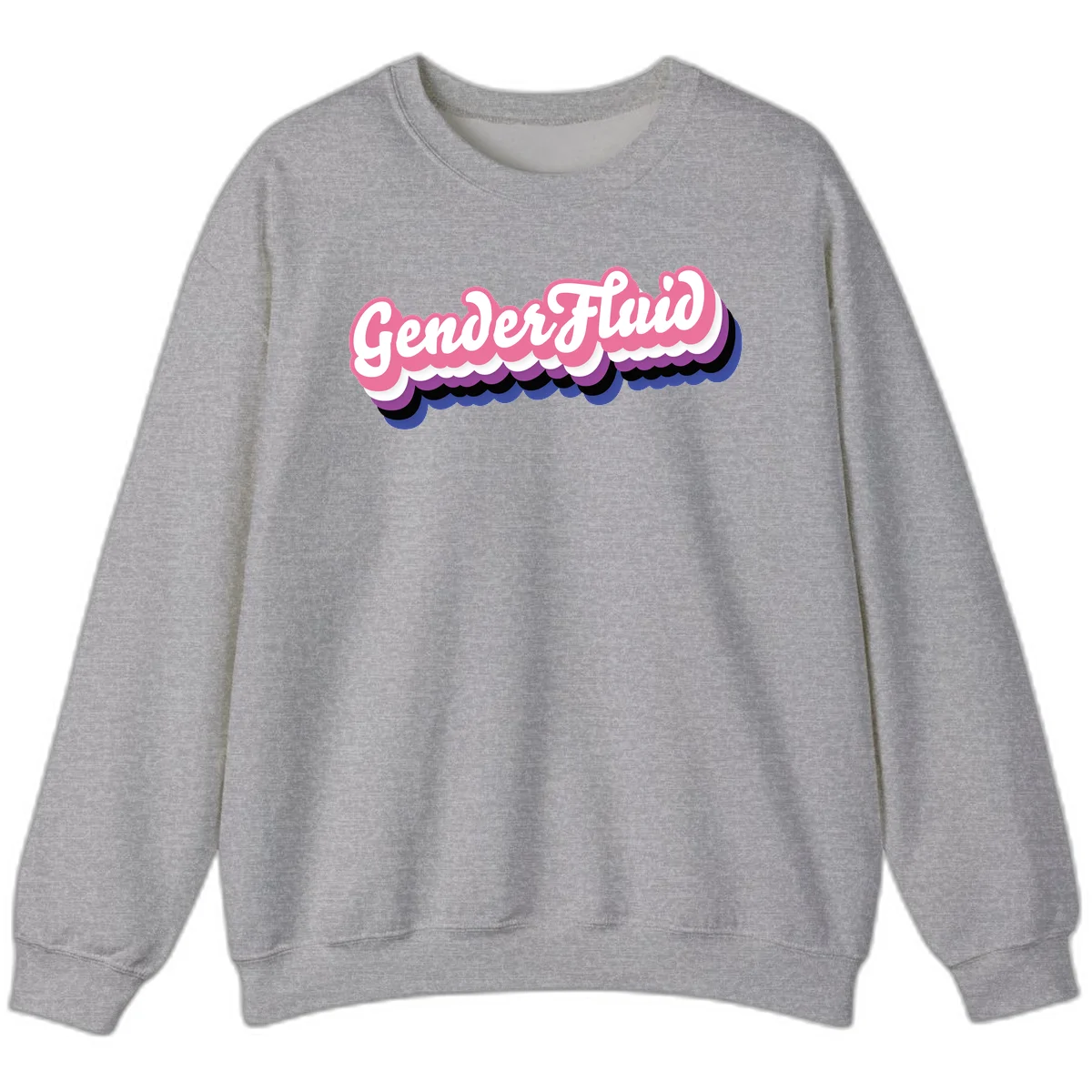 Colorful gender fluid pride design with white text and pink, purple, blue layered cloud effect in Sport Grey