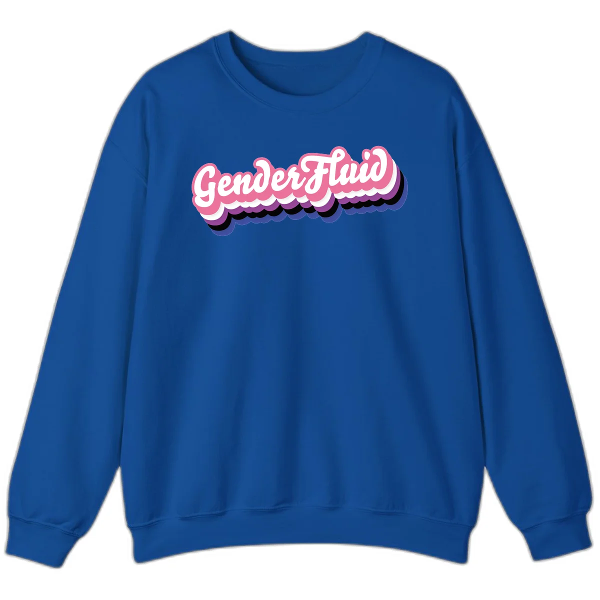 Colorful gender fluid pride design with white text and pink, purple, blue layered cloud effect in Royal