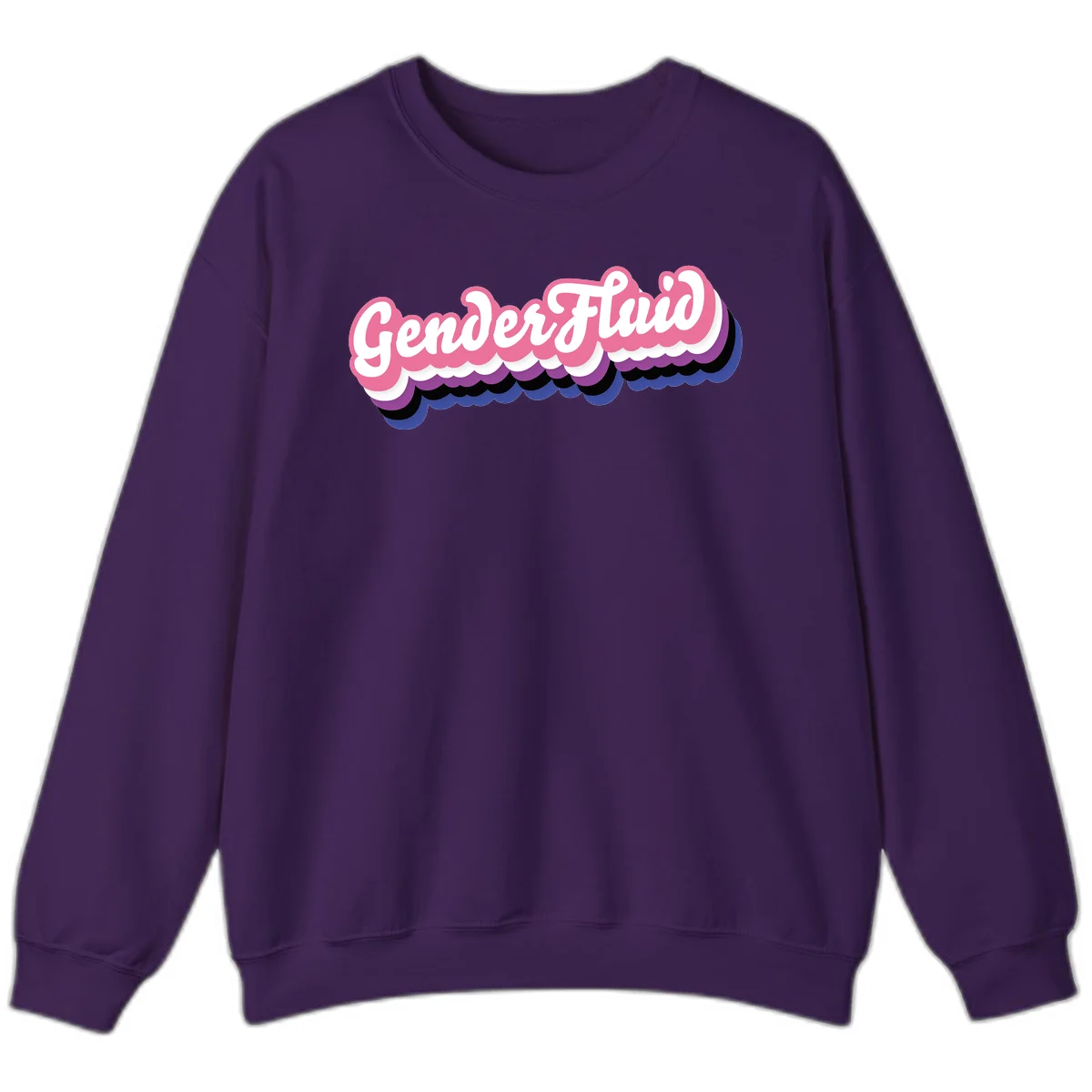 Colorful gender fluid pride design with white text and pink, purple, blue layered cloud effect in Purple