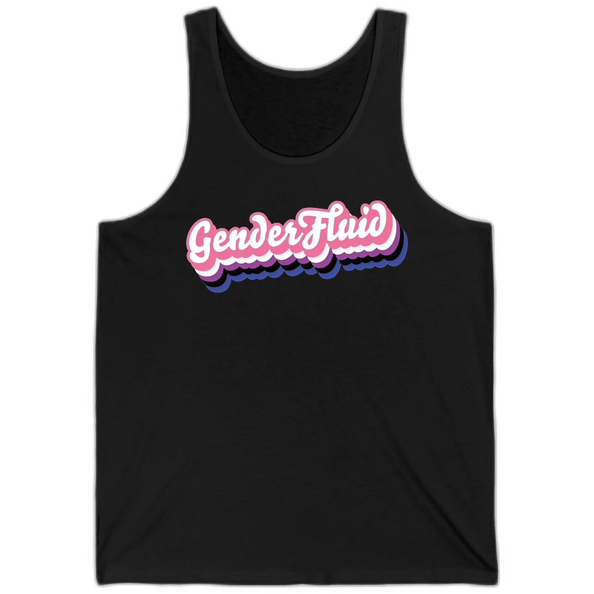 Colorful gender fluid pride design with white text and pink, purple, blue layered cloud effect in Black