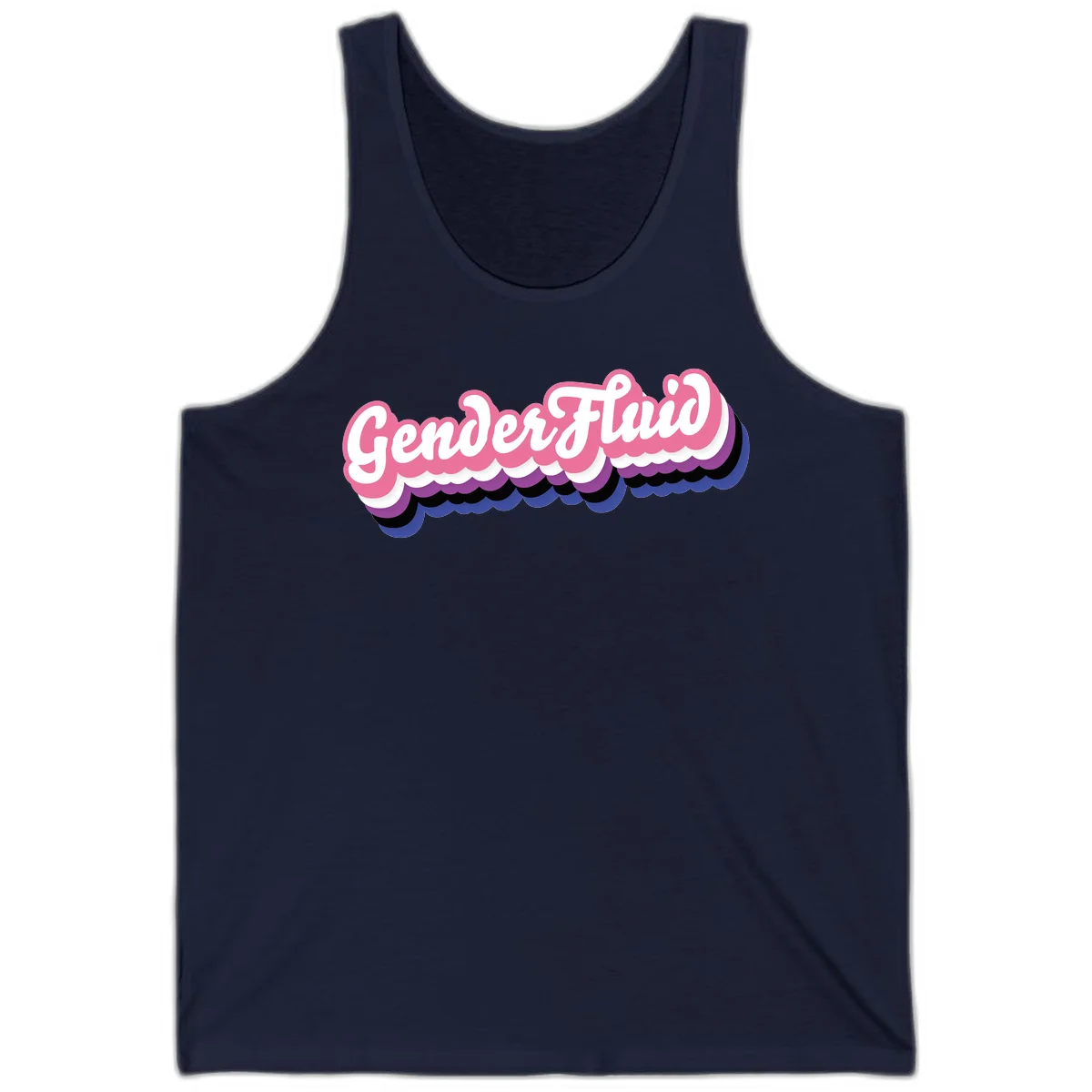 Colorful gender fluid pride design with white text and pink, purple, blue layered cloud effect in Navy