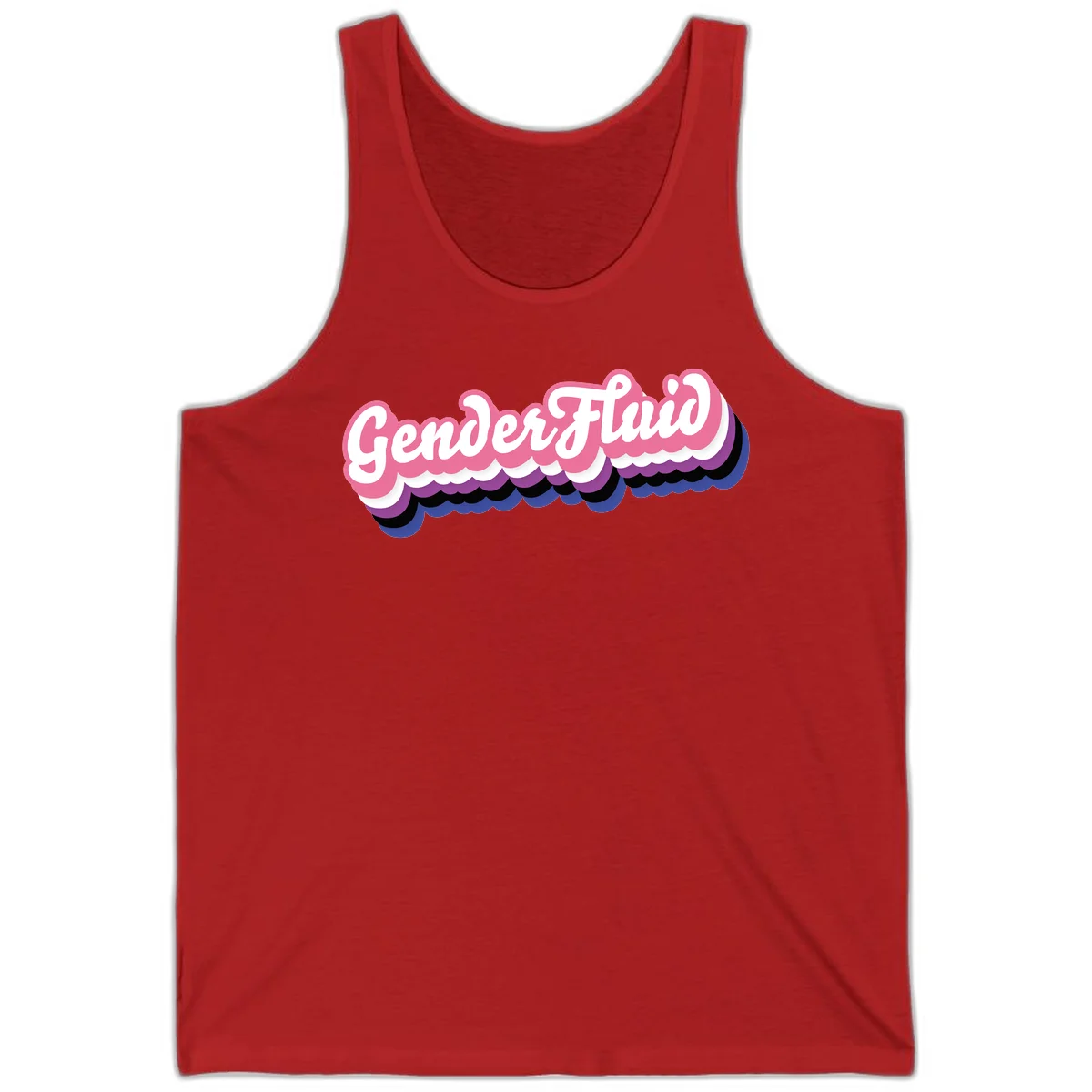 Colorful gender fluid pride design with white text and pink, purple, blue layered cloud effect in Red