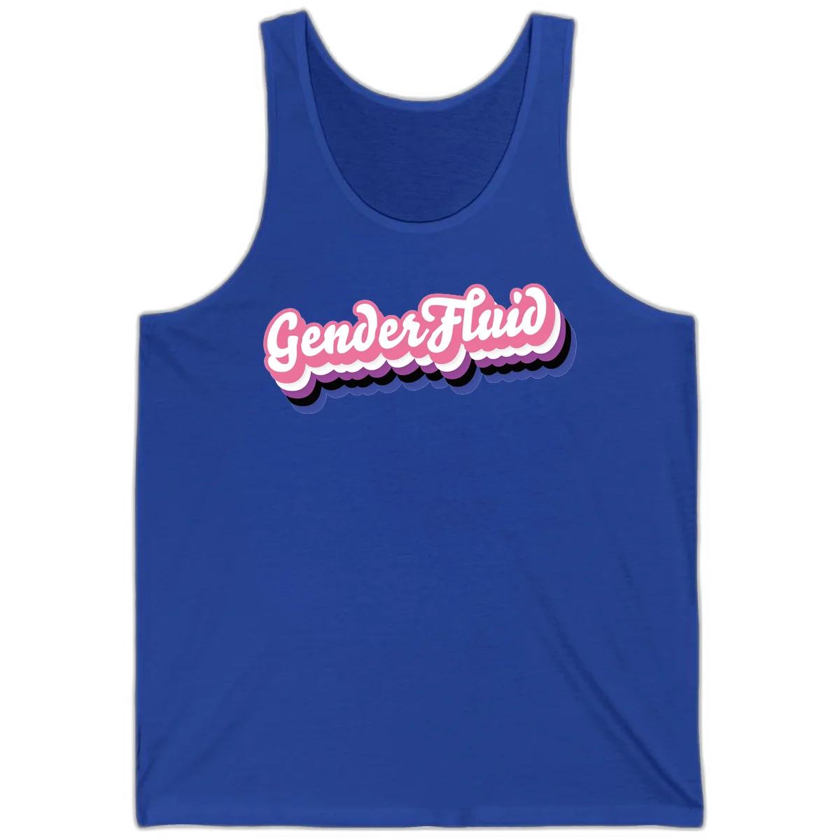 Colorful gender fluid pride design with white text and pink, purple, blue layered cloud effect in True Royal