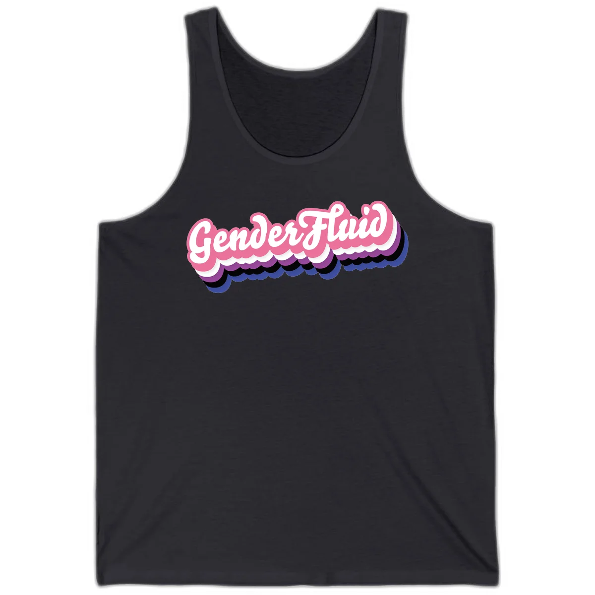 Colorful gender fluid pride design with white text and pink, purple, blue layered cloud effect in Dark Grey