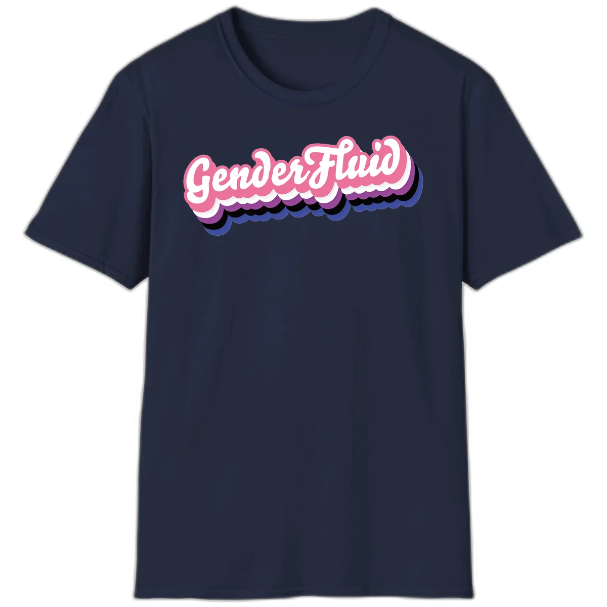 Colorful gender fluid pride design with white text and pink, purple, blue layered cloud effect in Navy