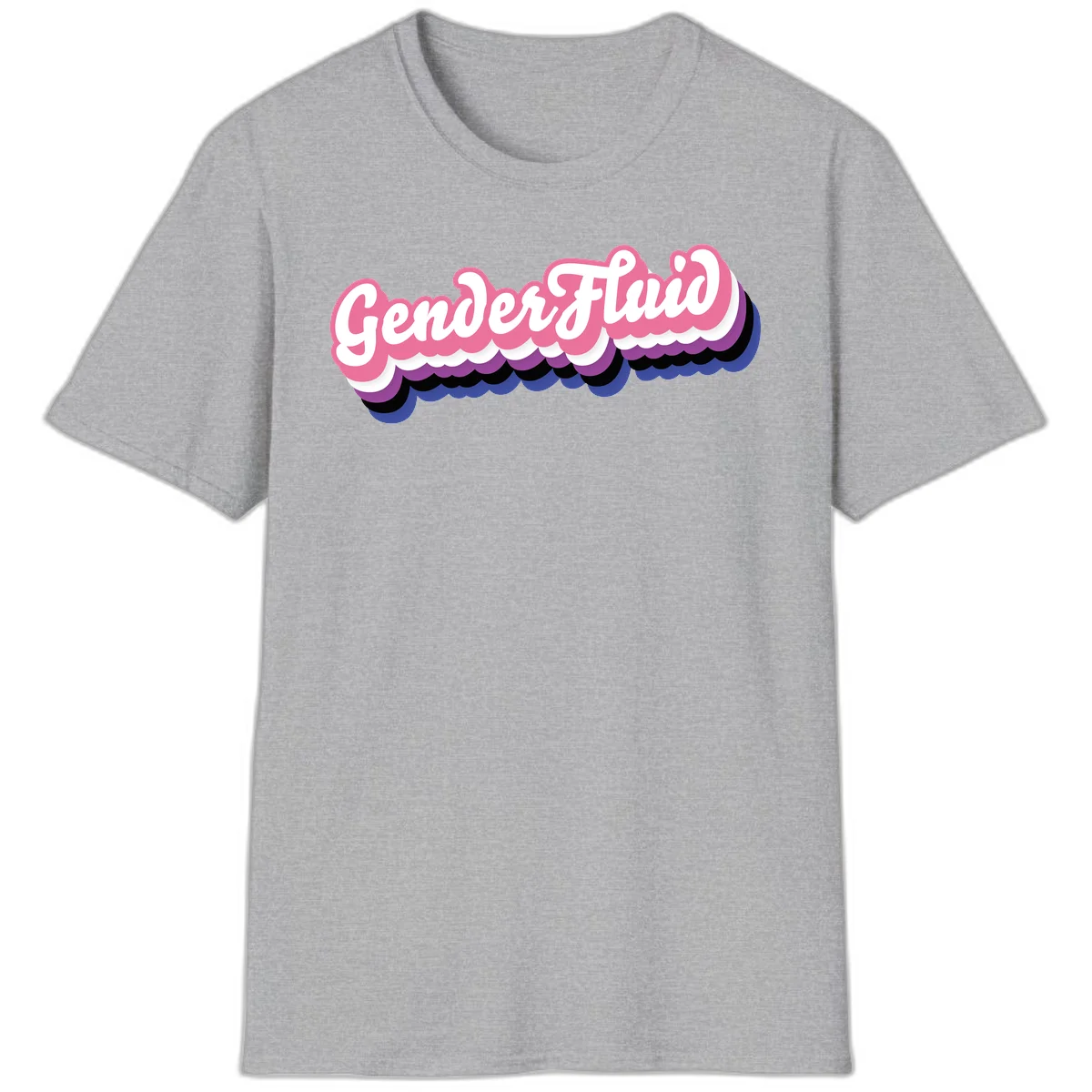 Colorful gender fluid pride design with white text and pink, purple, blue layered cloud effect in Sport Grey