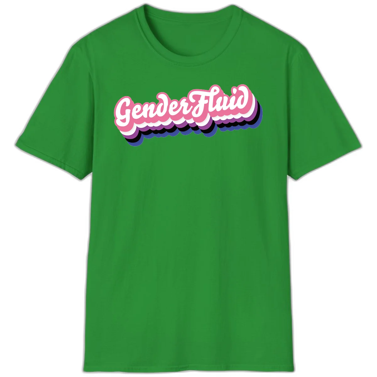 Colorful gender fluid pride design with white text and pink, purple, blue layered cloud effect in Irish Green
