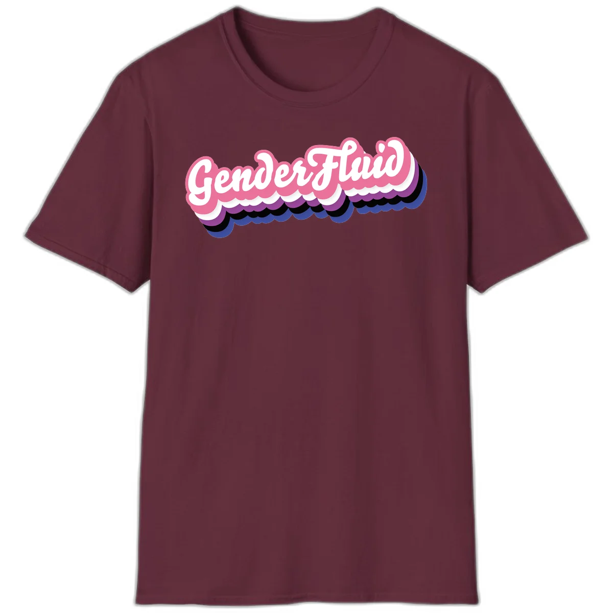 Colorful gender fluid pride design with white text and pink, purple, blue layered cloud effect in Maroon
