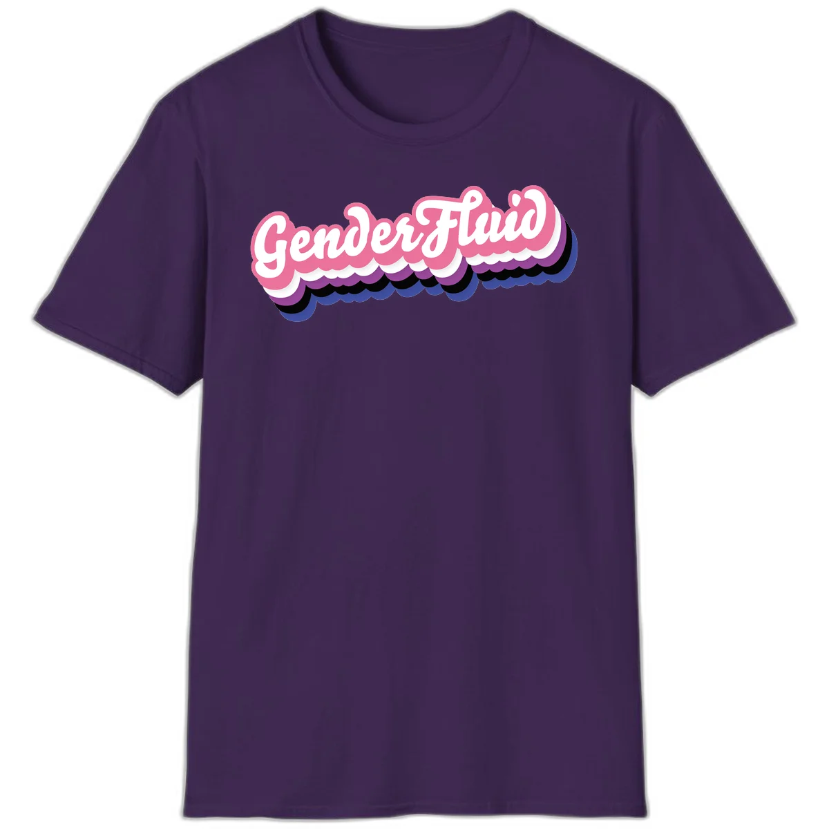 Colorful gender fluid pride design with white text and pink, purple, blue layered cloud effect in Purple