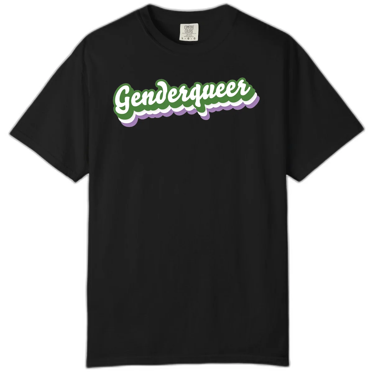 Retro script text reading 'Genderqueer' in white and green with purple and white scalloped wave border in Black