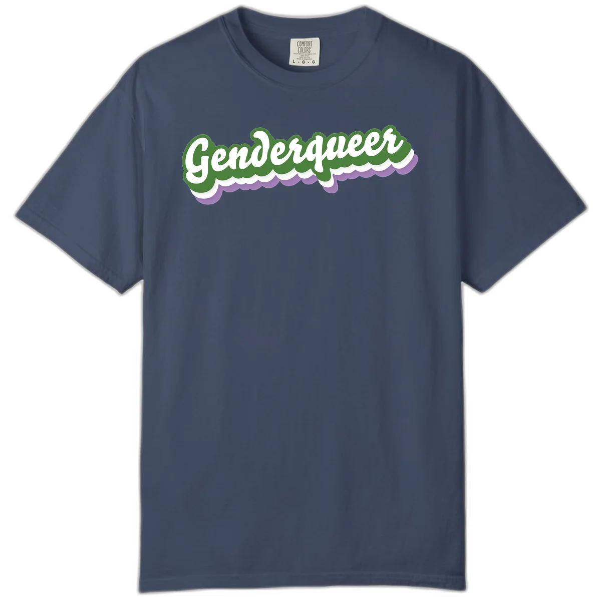 Retro script text reading 'Genderqueer' in white and green with purple and white scalloped wave border in Midnight