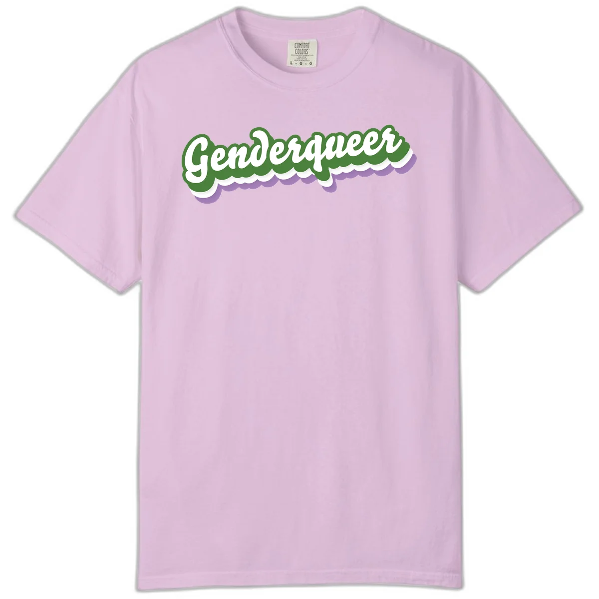 Retro script text reading 'Genderqueer' in white and green with purple and white scalloped wave border in Orchid