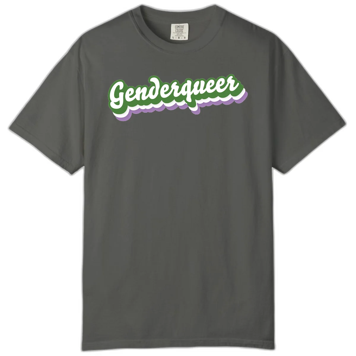 Retro script text reading 'Genderqueer' in white and green with purple and white scalloped wave border in Pepper