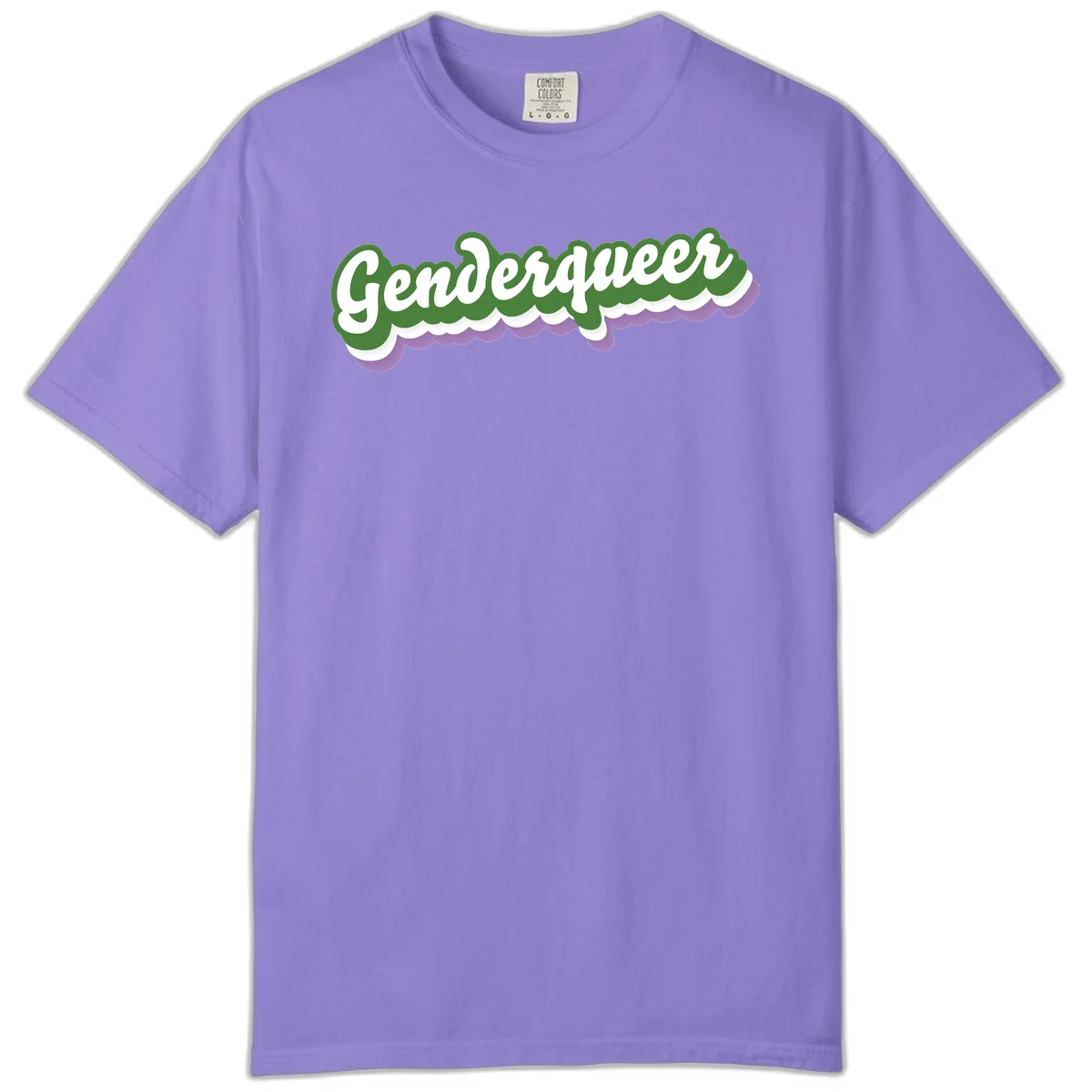 Retro script text reading 'Genderqueer' in white and green with purple and white scalloped wave border in Violet