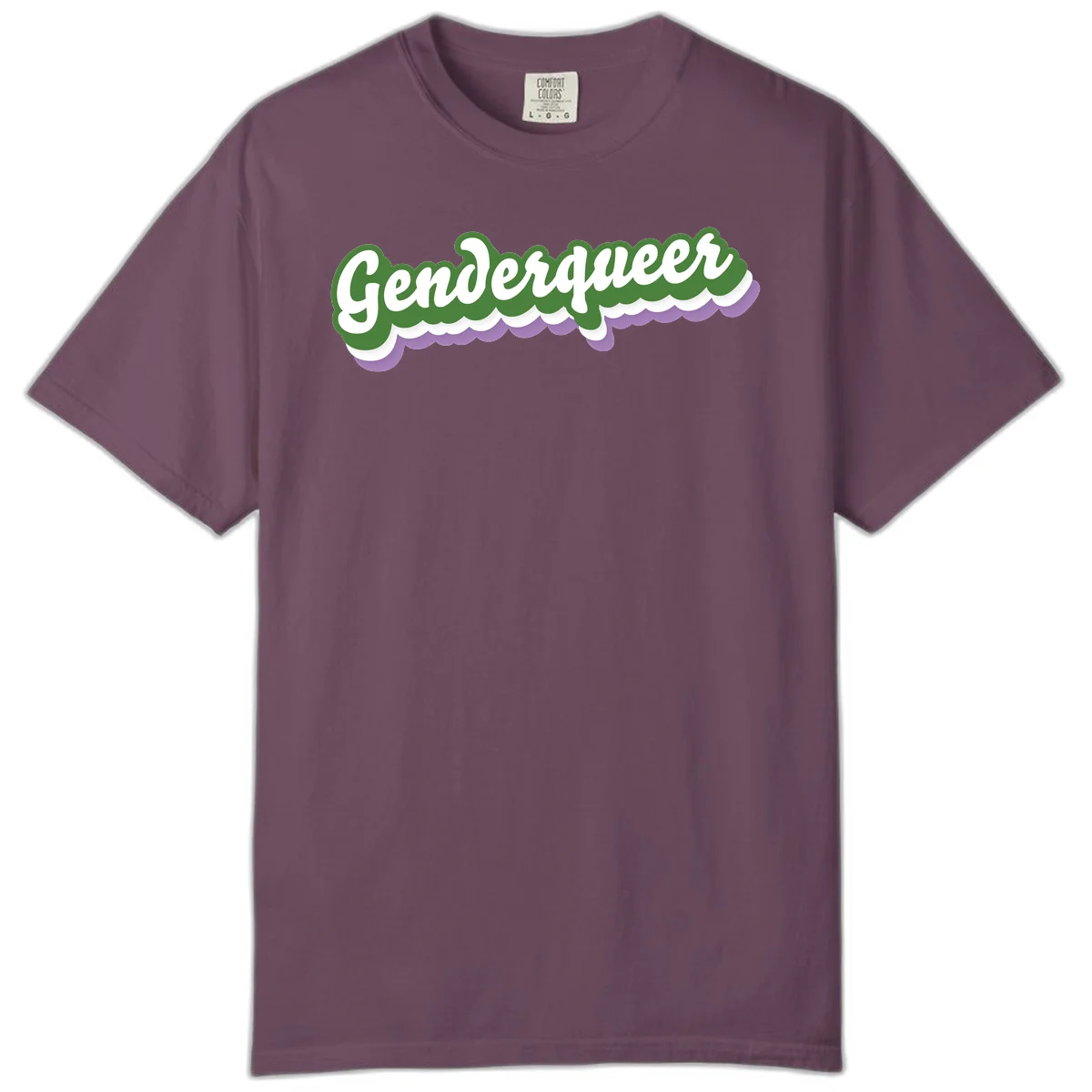 Retro script text reading 'Genderqueer' in white and green with purple and white scalloped wave border in Berry