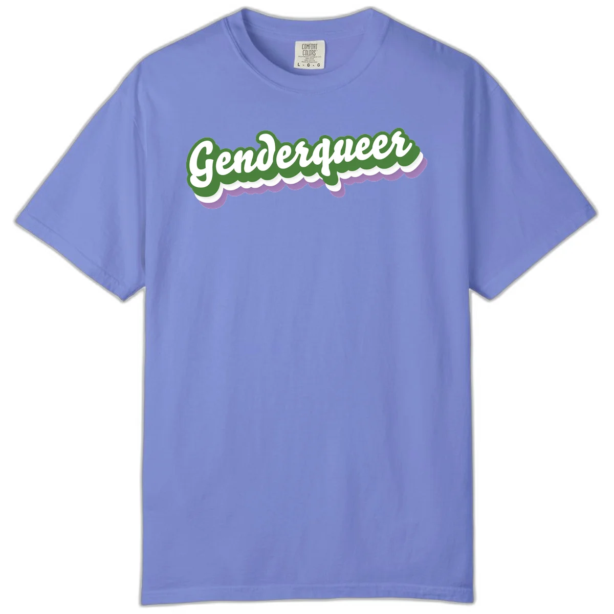 Retro script text reading 'Genderqueer' in white and green with purple and white scalloped wave border in Flo Blue
