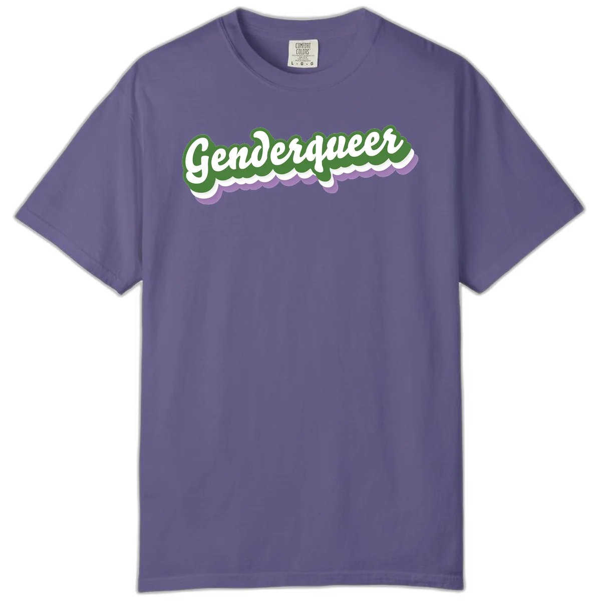 Retro script text reading 'Genderqueer' in white and green with purple and white scalloped wave border in Grape