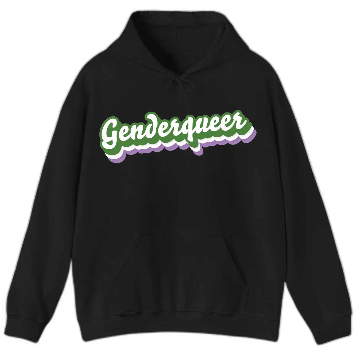 Retro script text reading 'Genderqueer' in white and green with purple and white scalloped wave border in Black