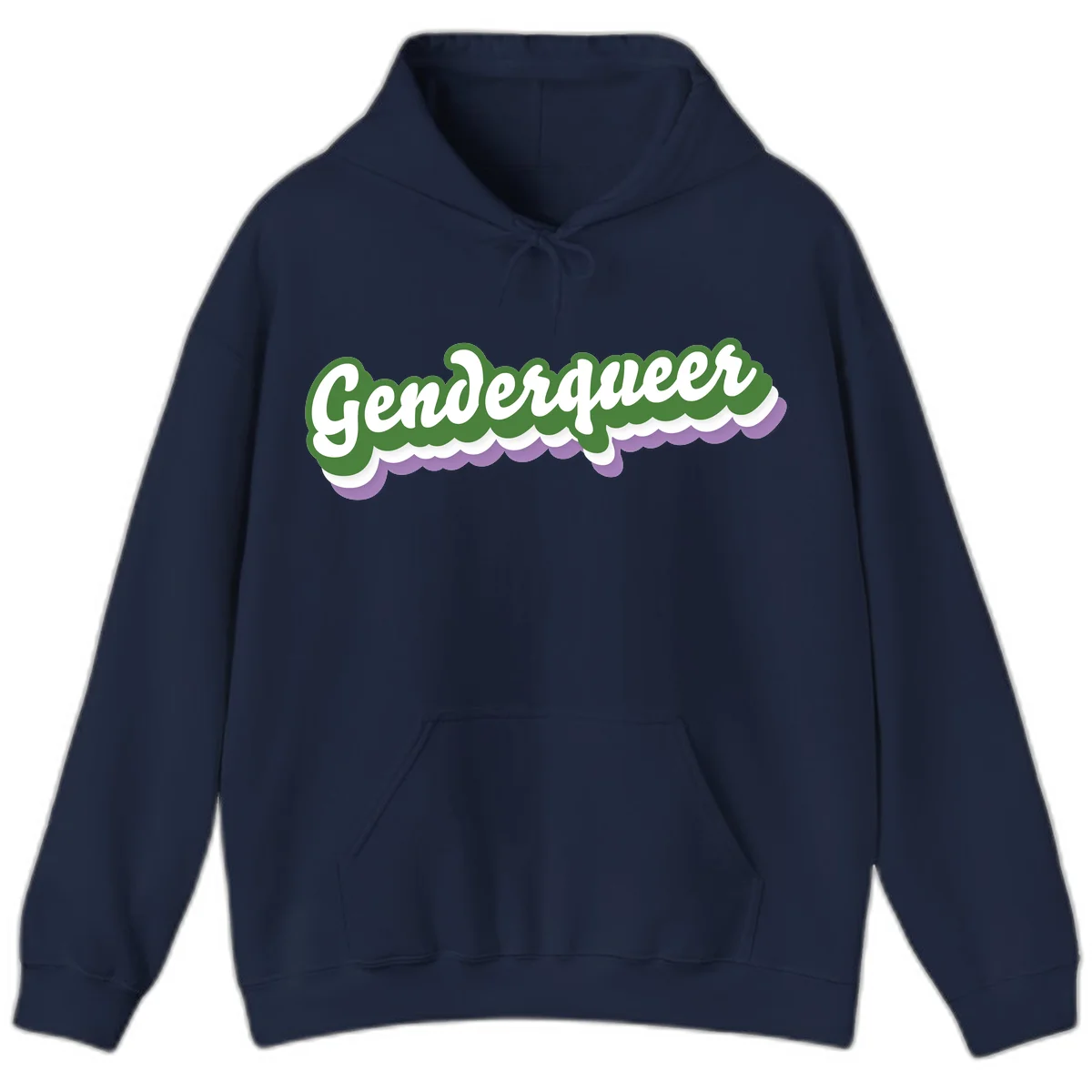 Retro script text reading 'Genderqueer' in white and green with purple and white scalloped wave border in Navy