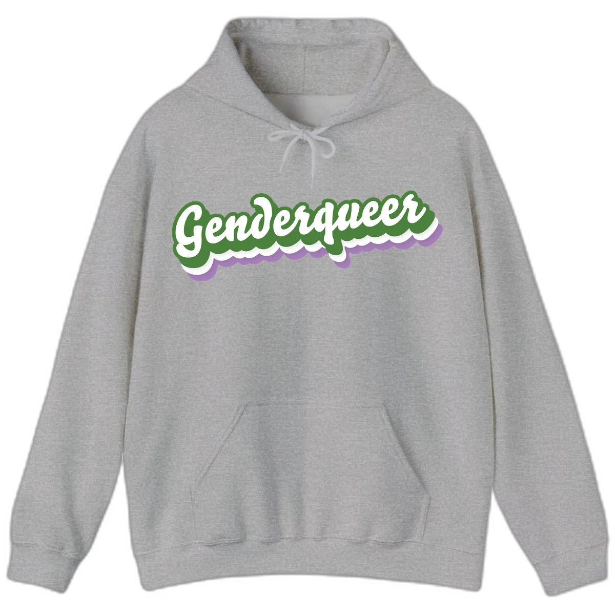 Retro script text reading 'Genderqueer' in white and green with purple and white scalloped wave border in Sport Grey
