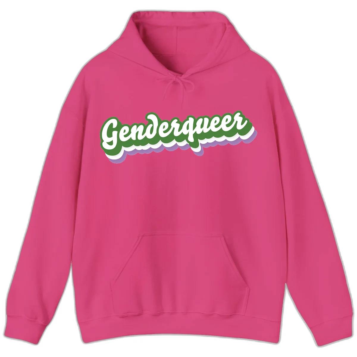 Retro script text reading 'Genderqueer' in white and green with purple and white scalloped wave border in Heliconia