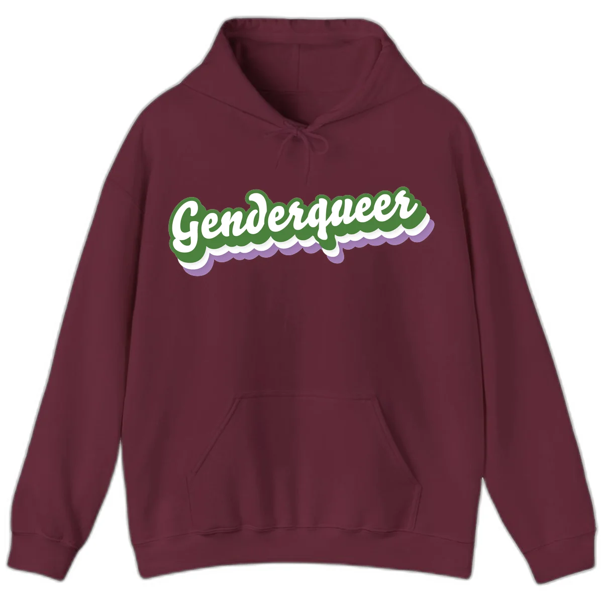 Retro script text reading 'Genderqueer' in white and green with purple and white scalloped wave border in Maroon
