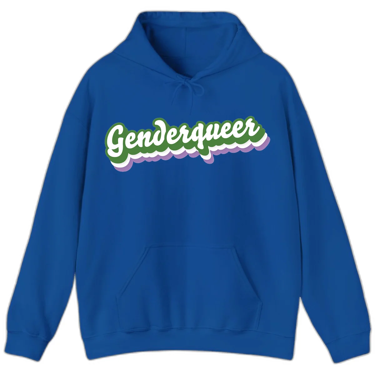 Retro script text reading 'Genderqueer' in white and green with purple and white scalloped wave border in Royal