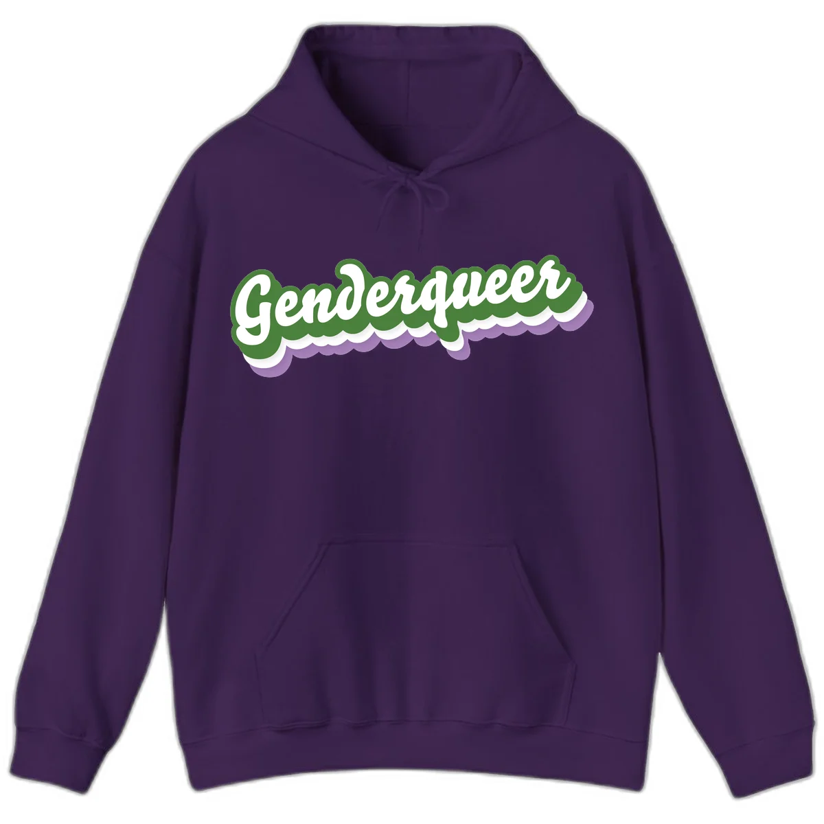 Retro script text reading 'Genderqueer' in white and green with purple and white scalloped wave border in Purple