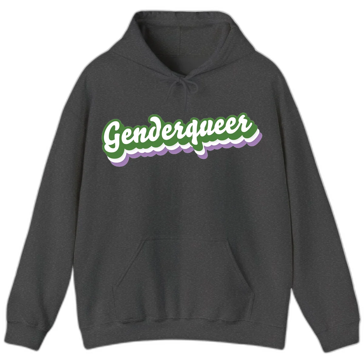 Retro script text reading 'Genderqueer' in white and green with purple and white scalloped wave border in Dark Heather