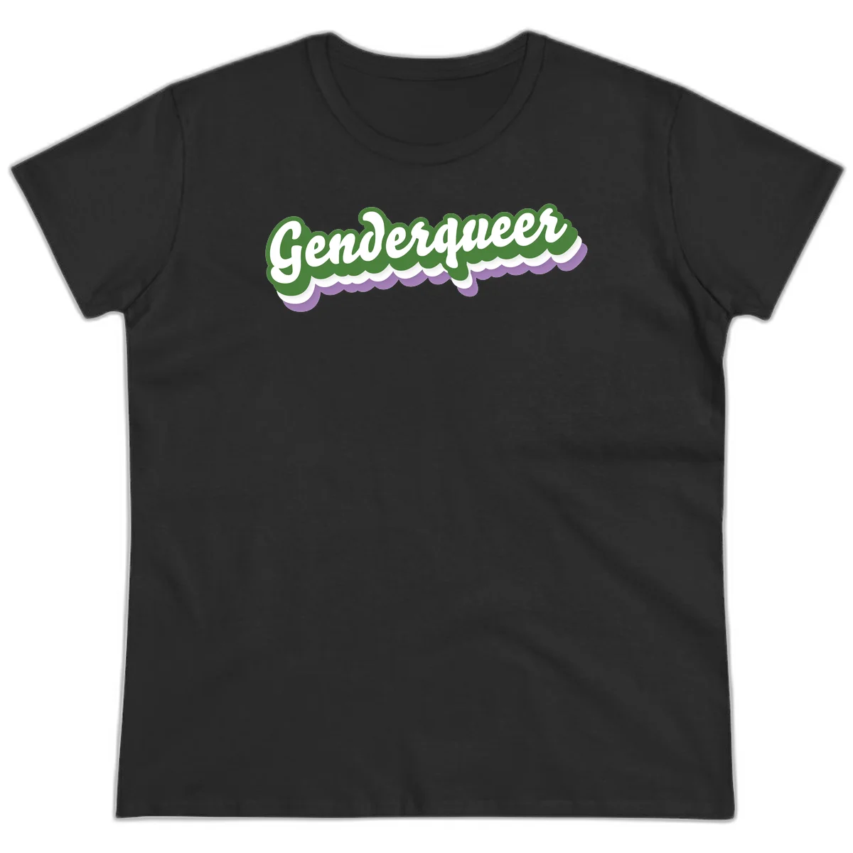 Retro script text reading 'Genderqueer' in white and green with purple and white scalloped wave border in Black