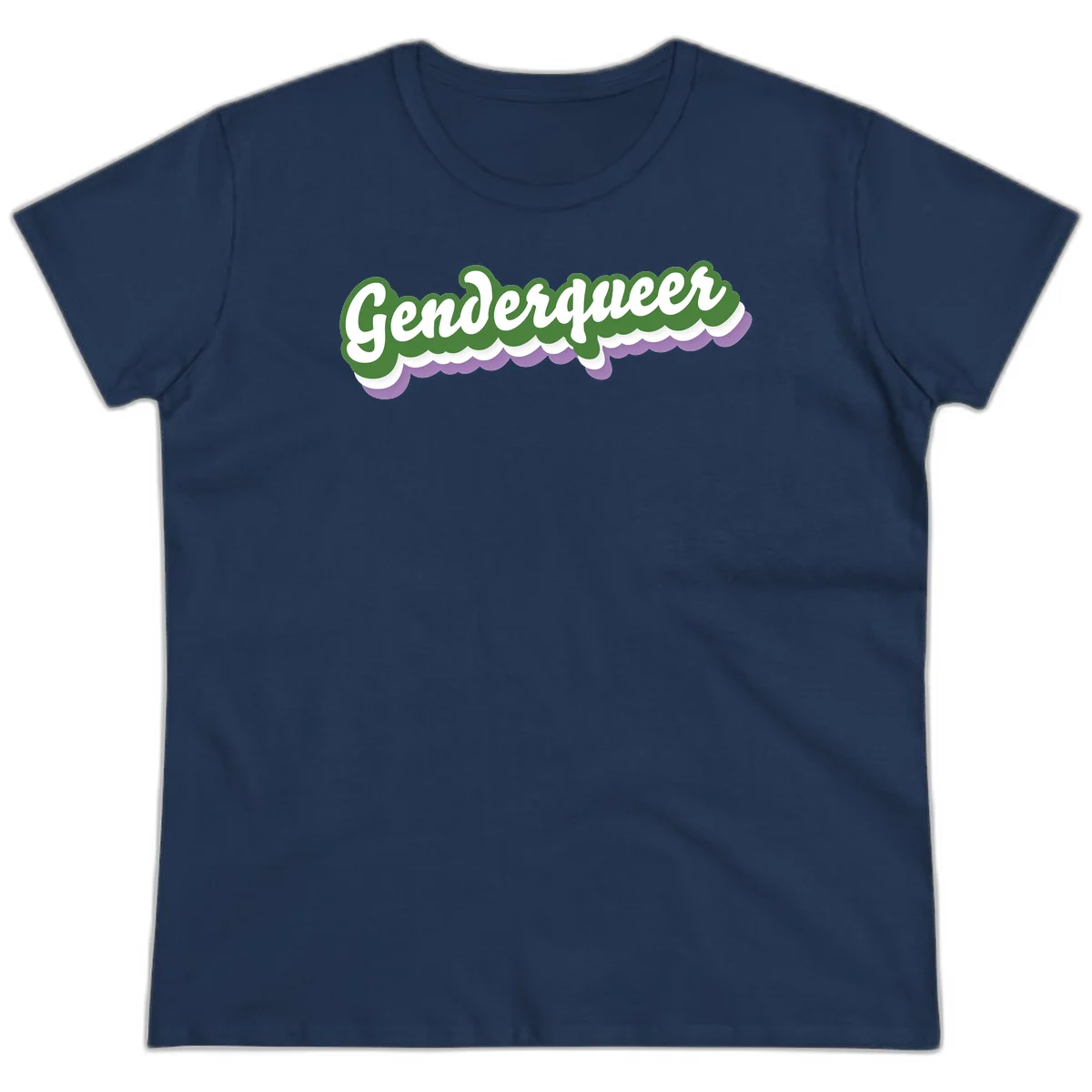 Retro script text reading 'Genderqueer' in white and green with purple and white scalloped wave border in Navy