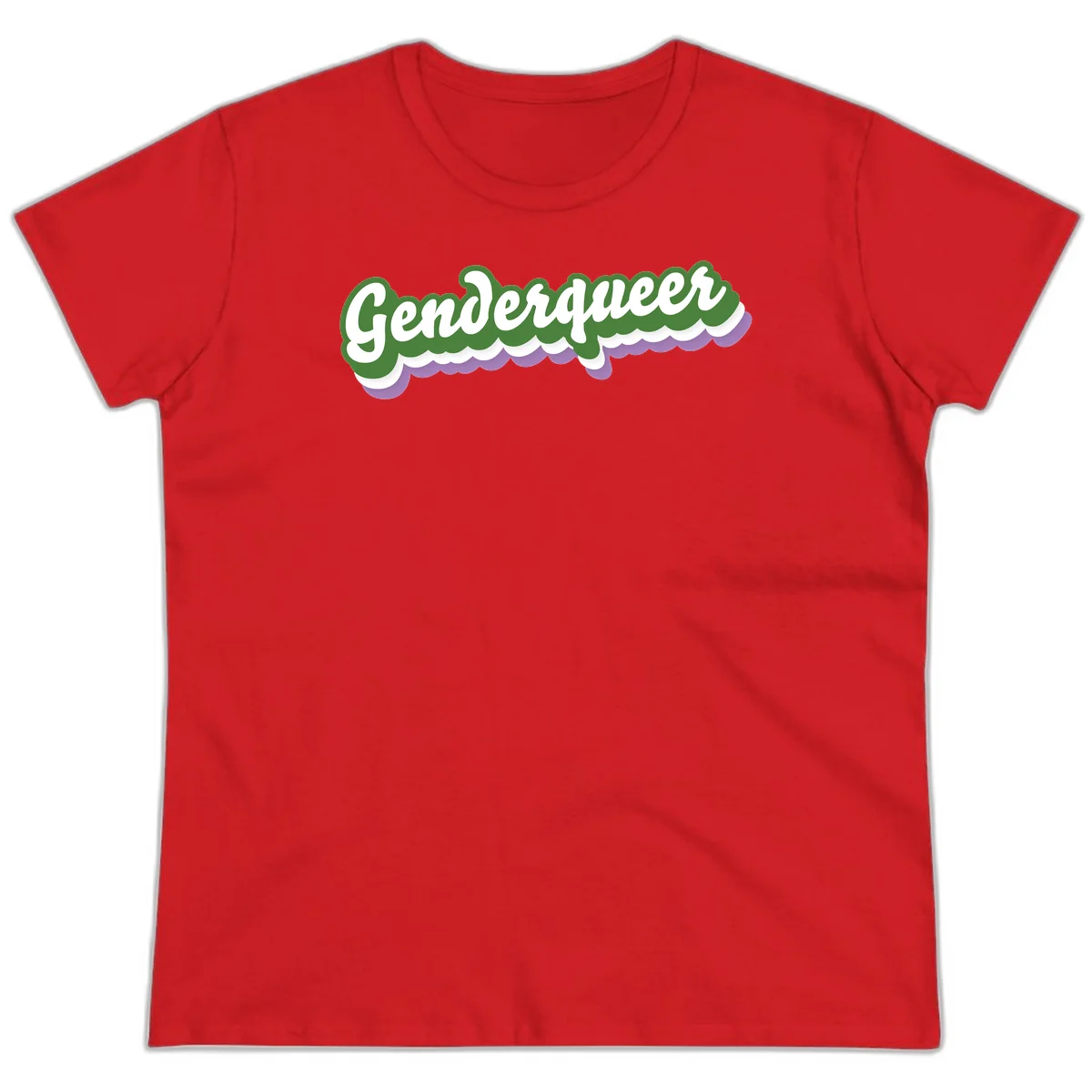Retro script text reading 'Genderqueer' in white and green with purple and white scalloped wave border in Red