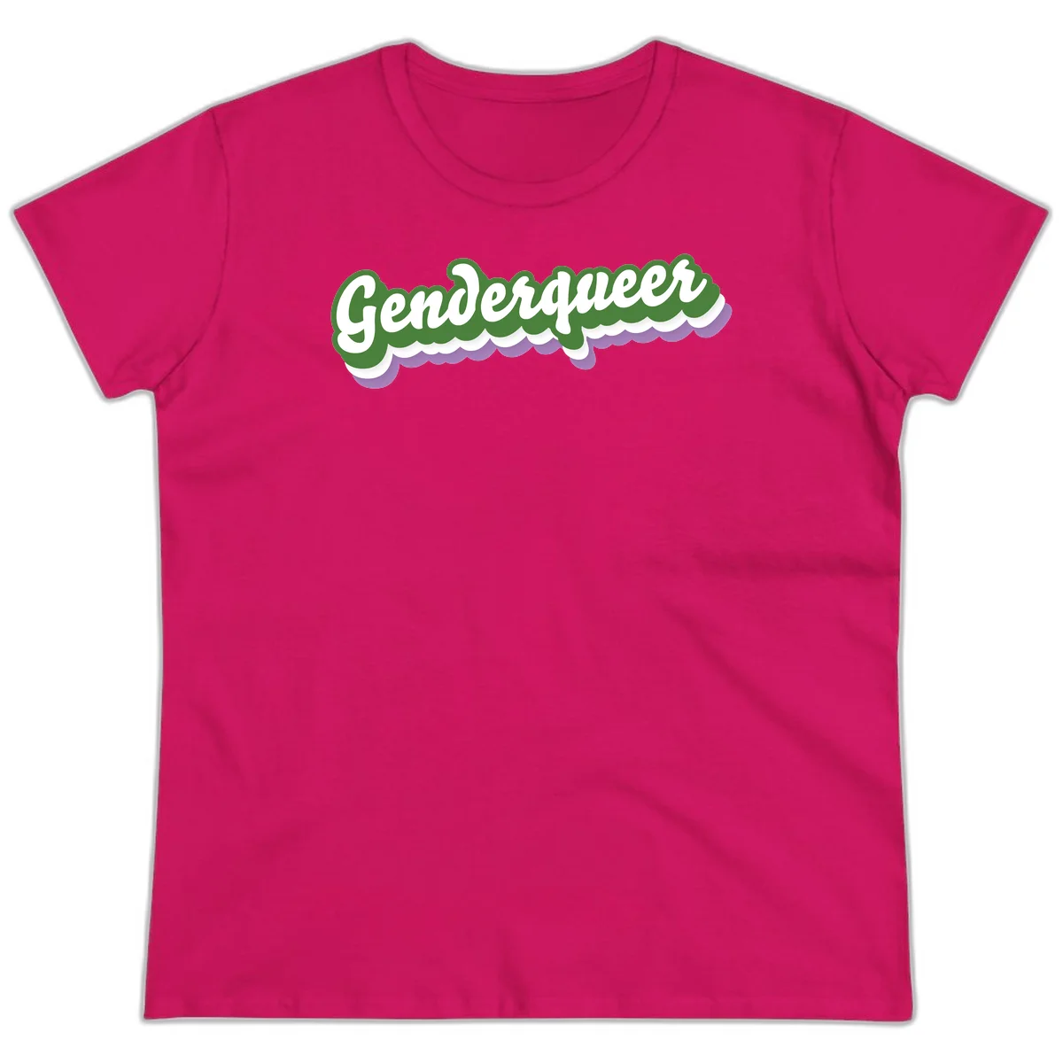 Retro script text reading 'Genderqueer' in white and green with purple and white scalloped wave border in Heliconia