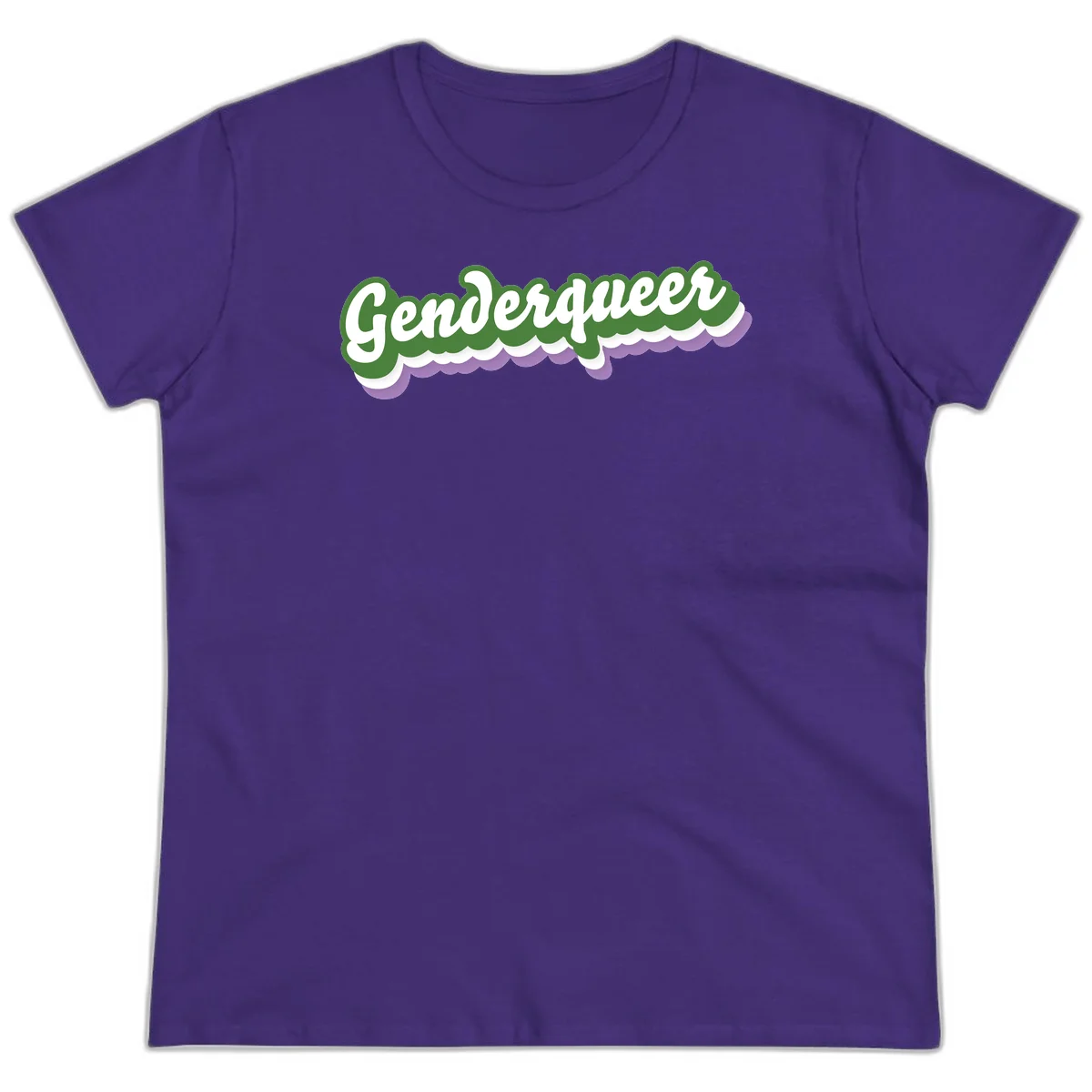 Retro script text reading 'Genderqueer' in white and green with purple and white scalloped wave border in Purple