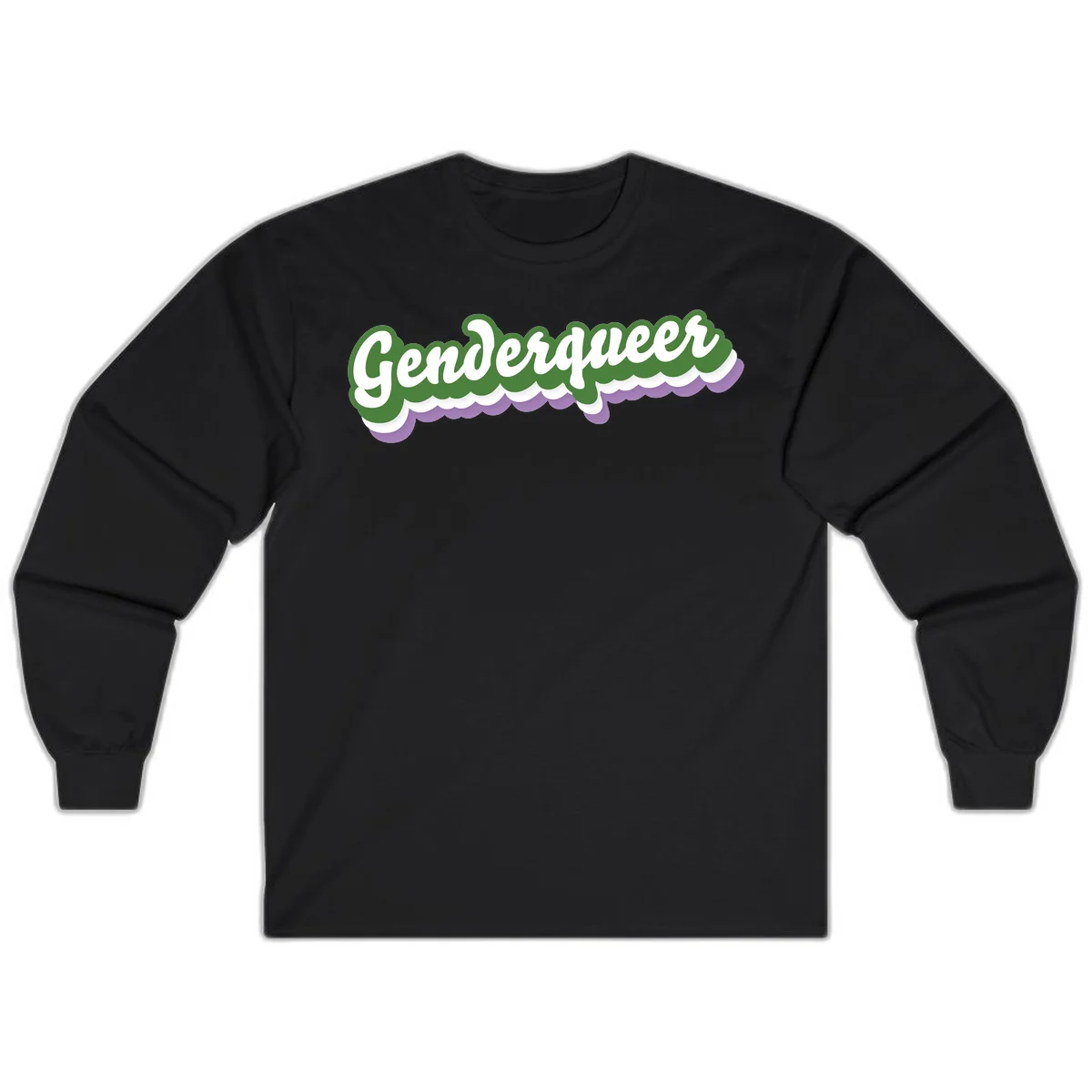 Retro script text reading 'Genderqueer' in white and green with purple and white scalloped wave border in Black