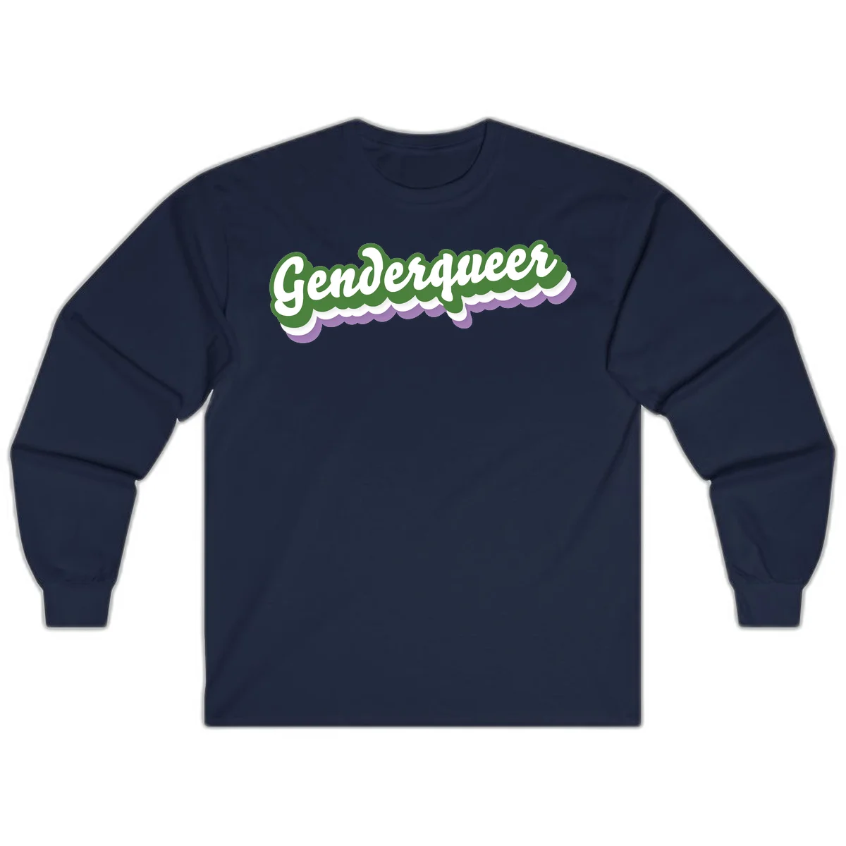 Retro script text reading 'Genderqueer' in white and green with purple and white scalloped wave border in Navy