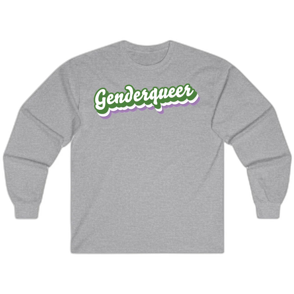 Retro script text reading 'Genderqueer' in white and green with purple and white scalloped wave border in Sport Grey