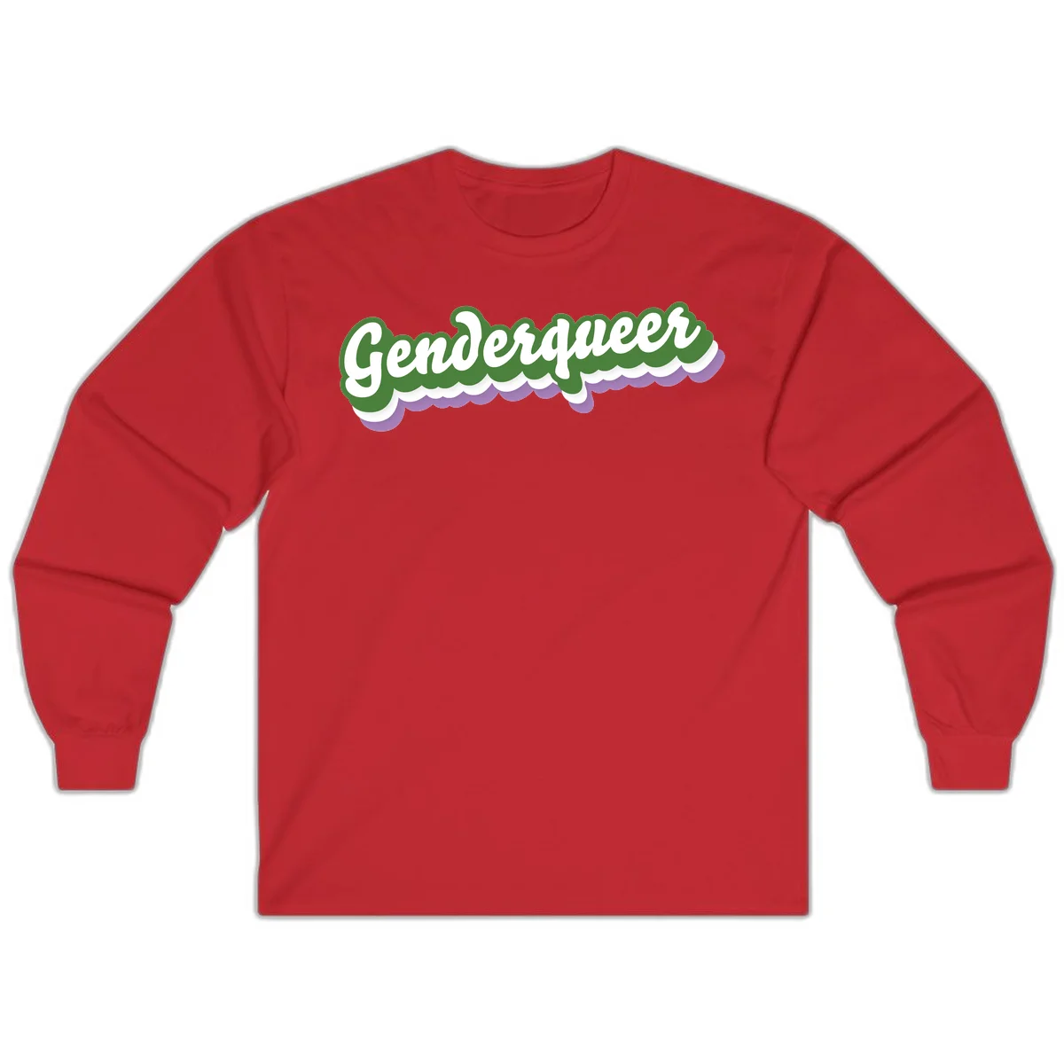 Retro script text reading 'Genderqueer' in white and green with purple and white scalloped wave border in Red