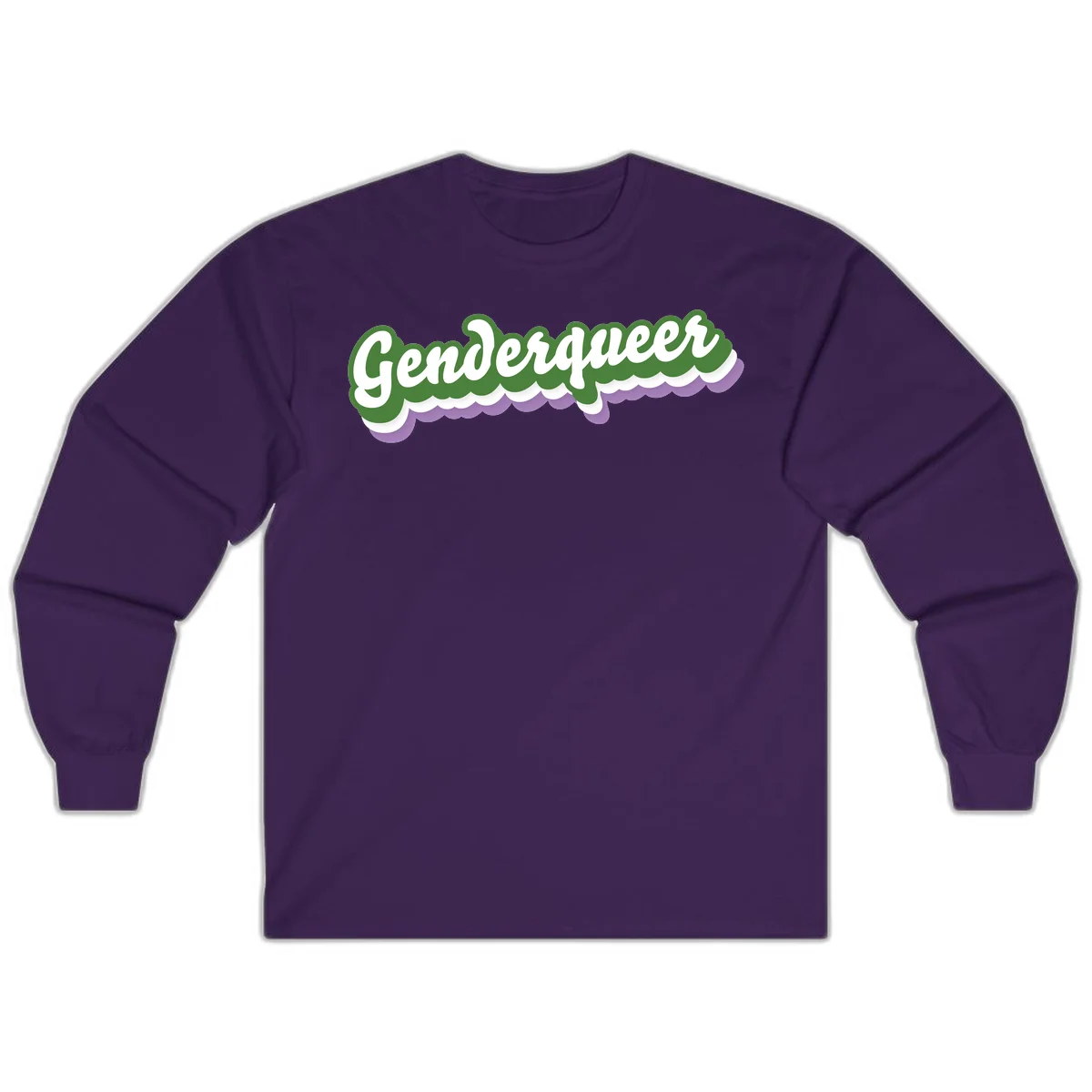 Retro script text reading 'Genderqueer' in white and green with purple and white scalloped wave border in Purple