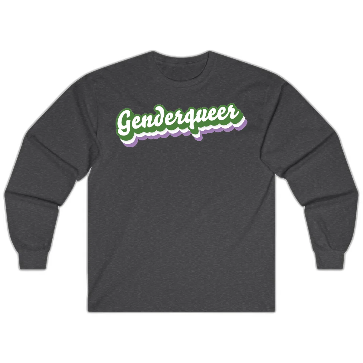 Retro script text reading 'Genderqueer' in white and green with purple and white scalloped wave border in Dark Heather