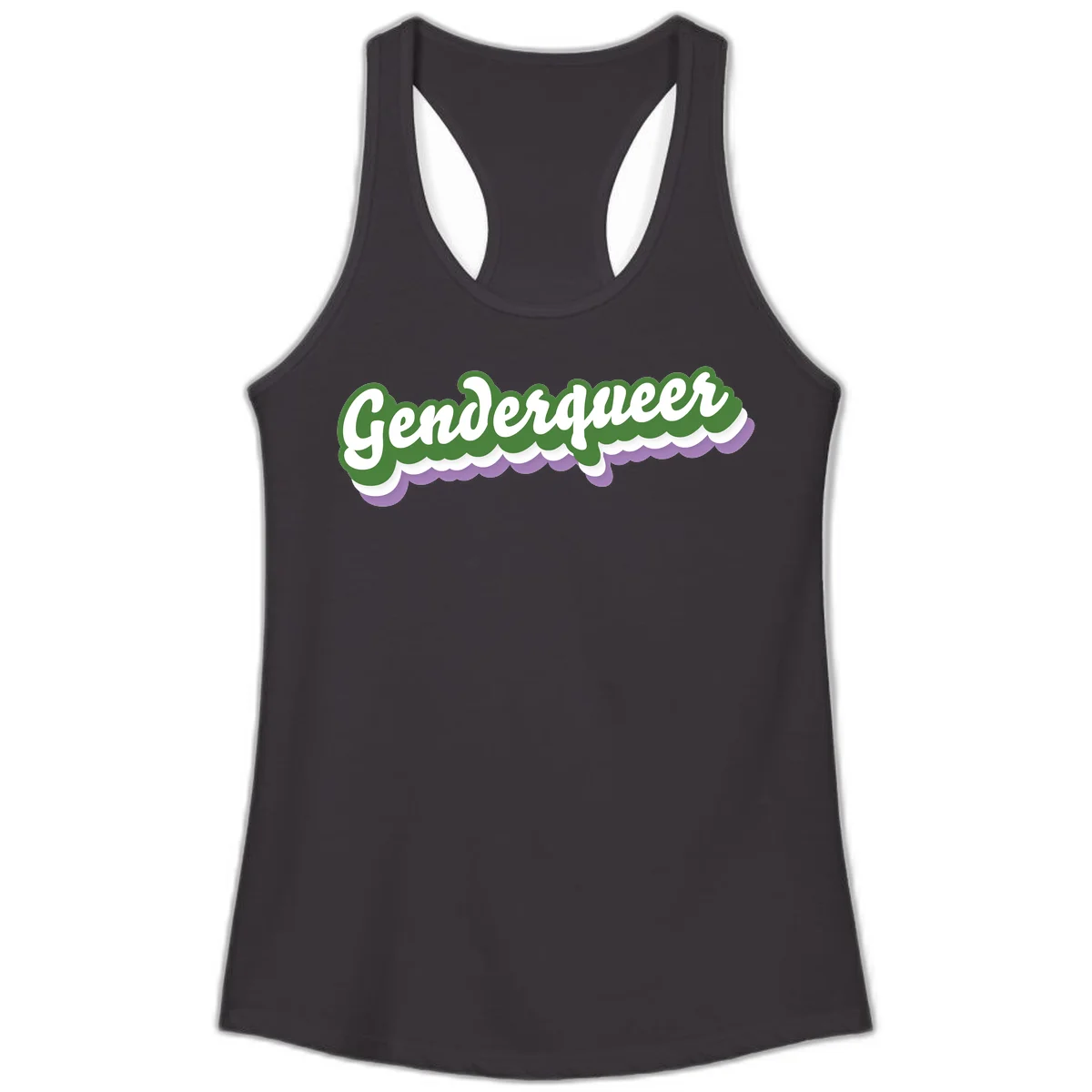 Retro script text reading 'Genderqueer' in white and green with purple and white scalloped wave border in Black