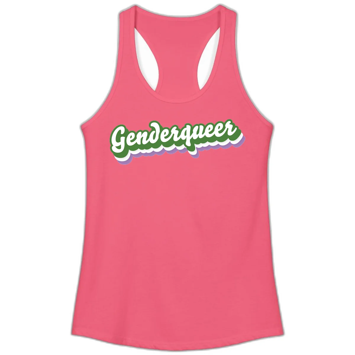 Retro script text reading 'Genderqueer' in white and green with purple and white scalloped wave border in Hot Pink