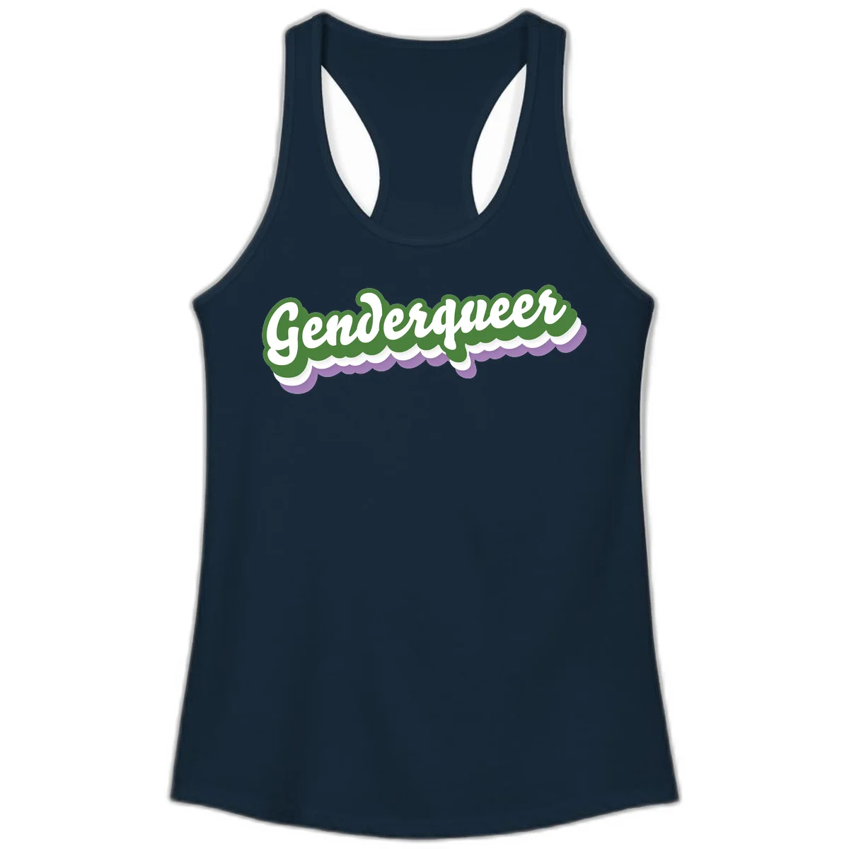 Retro script text reading 'Genderqueer' in white and green with purple and white scalloped wave border in Solid Midnight Navy
