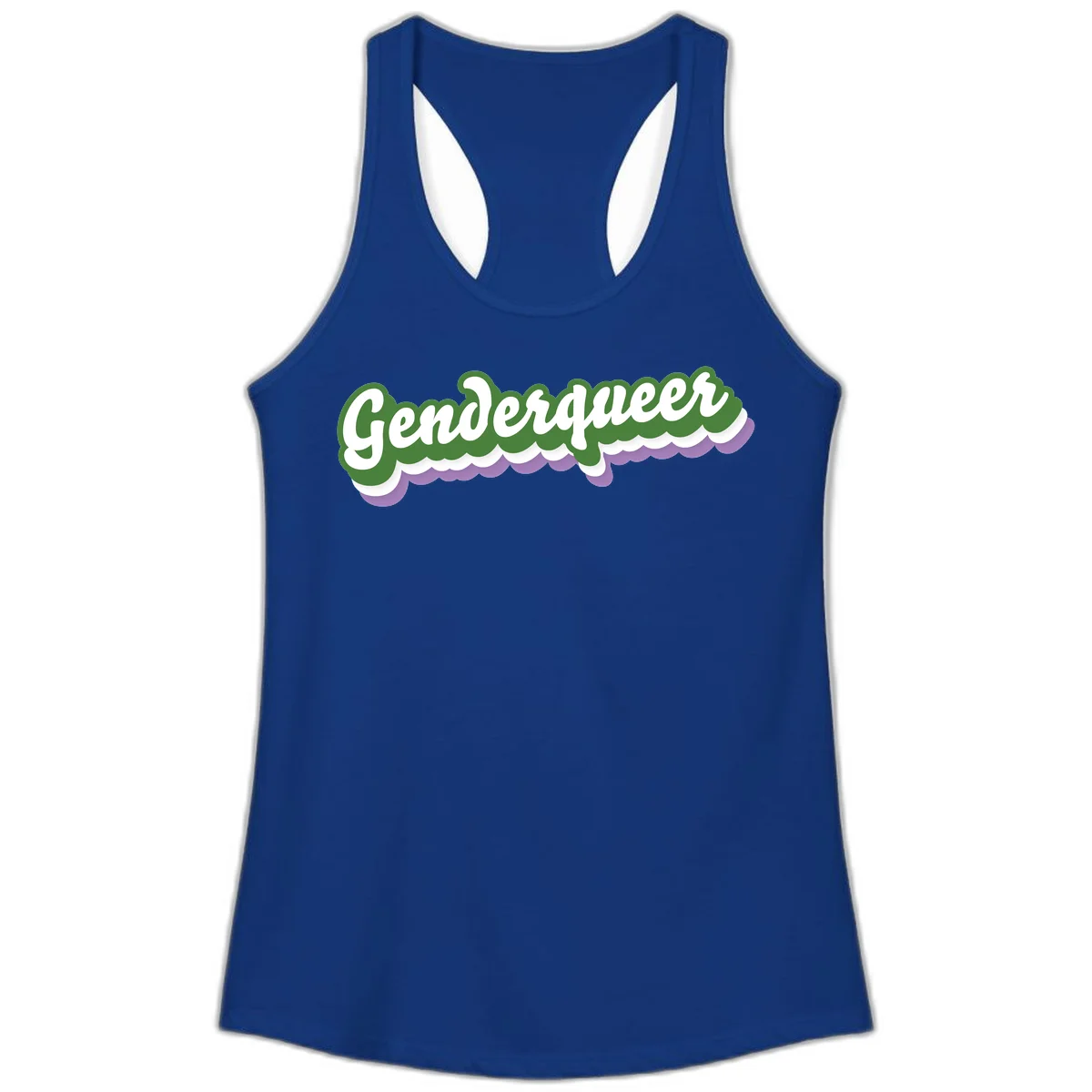 Retro script text reading 'Genderqueer' in white and green with purple and white scalloped wave border in Solid Royal