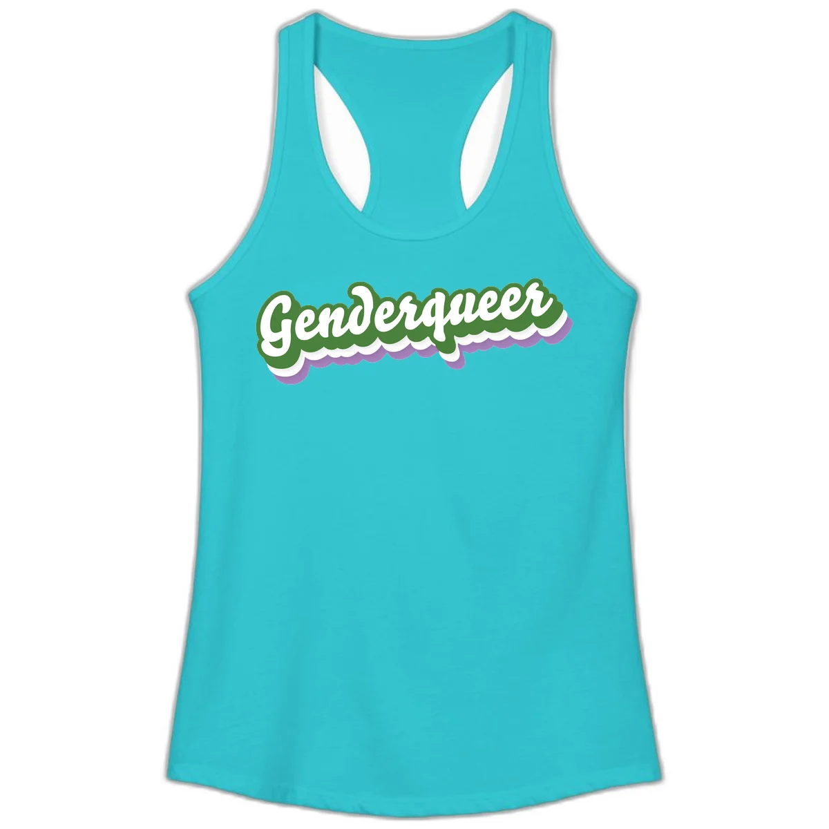 Retro script text reading 'Genderqueer' in white and green with purple and white scalloped wave border in Solid Tahiti Blue