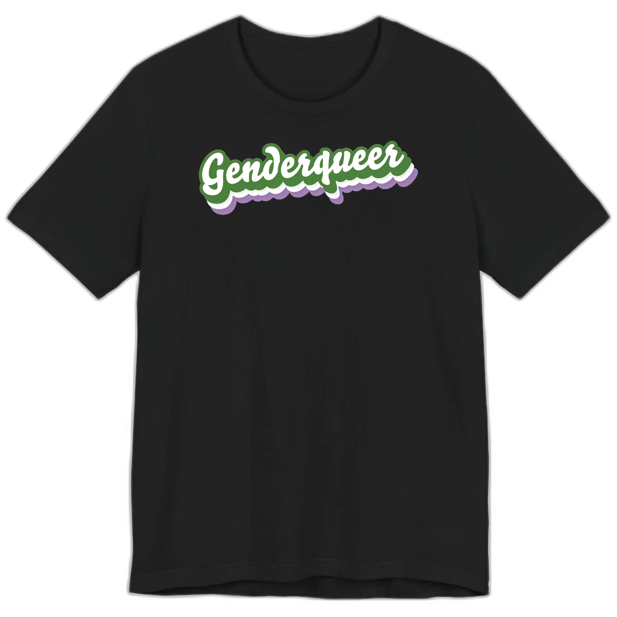 Retro script text reading 'Genderqueer' in white and green with purple and white scalloped wave border in Black