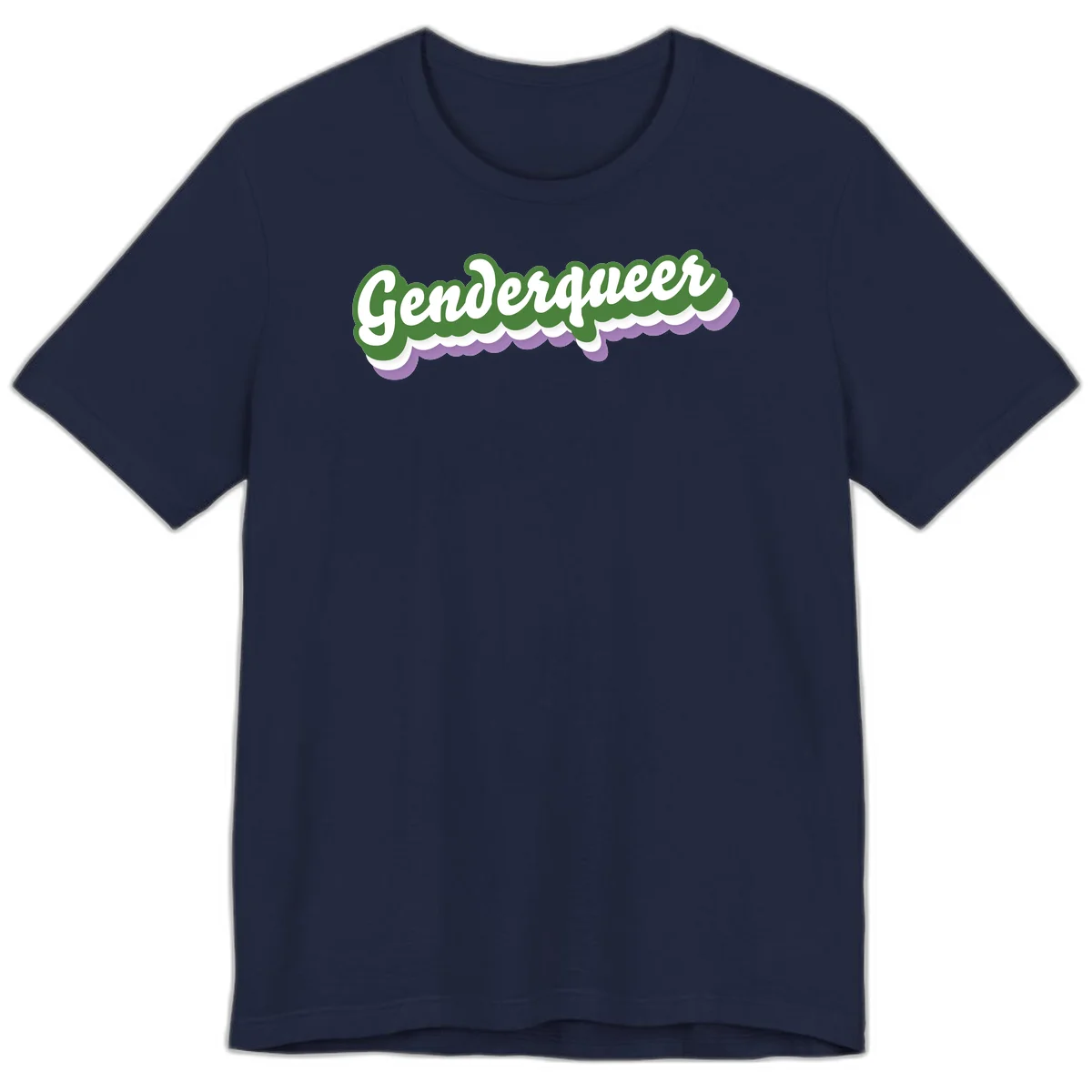 Retro script text reading 'Genderqueer' in white and green with purple and white scalloped wave border in Navy