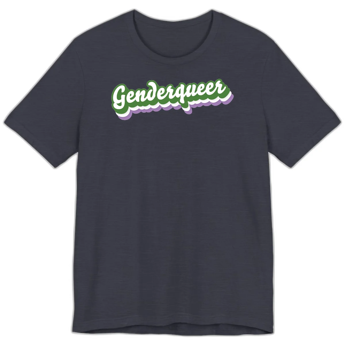 Retro script text reading 'Genderqueer' in white and green with purple and white scalloped wave border in Heather Midnight Navy